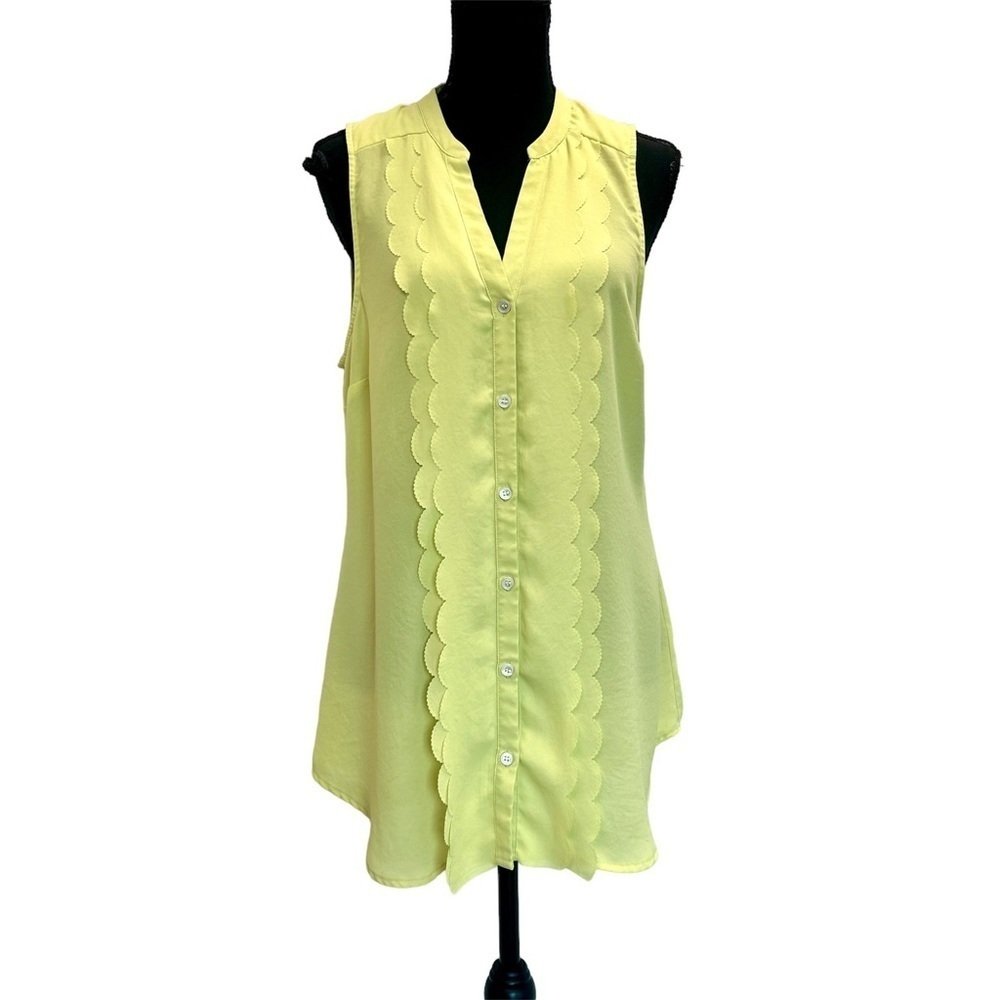 Anthropologie Meadow Rue yellow sleeveless scalloped tuxedo blouse Sz 12
